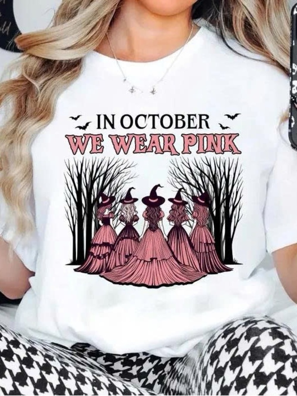 Tee "In October We Wear Pink" with Pink Witch Graphic